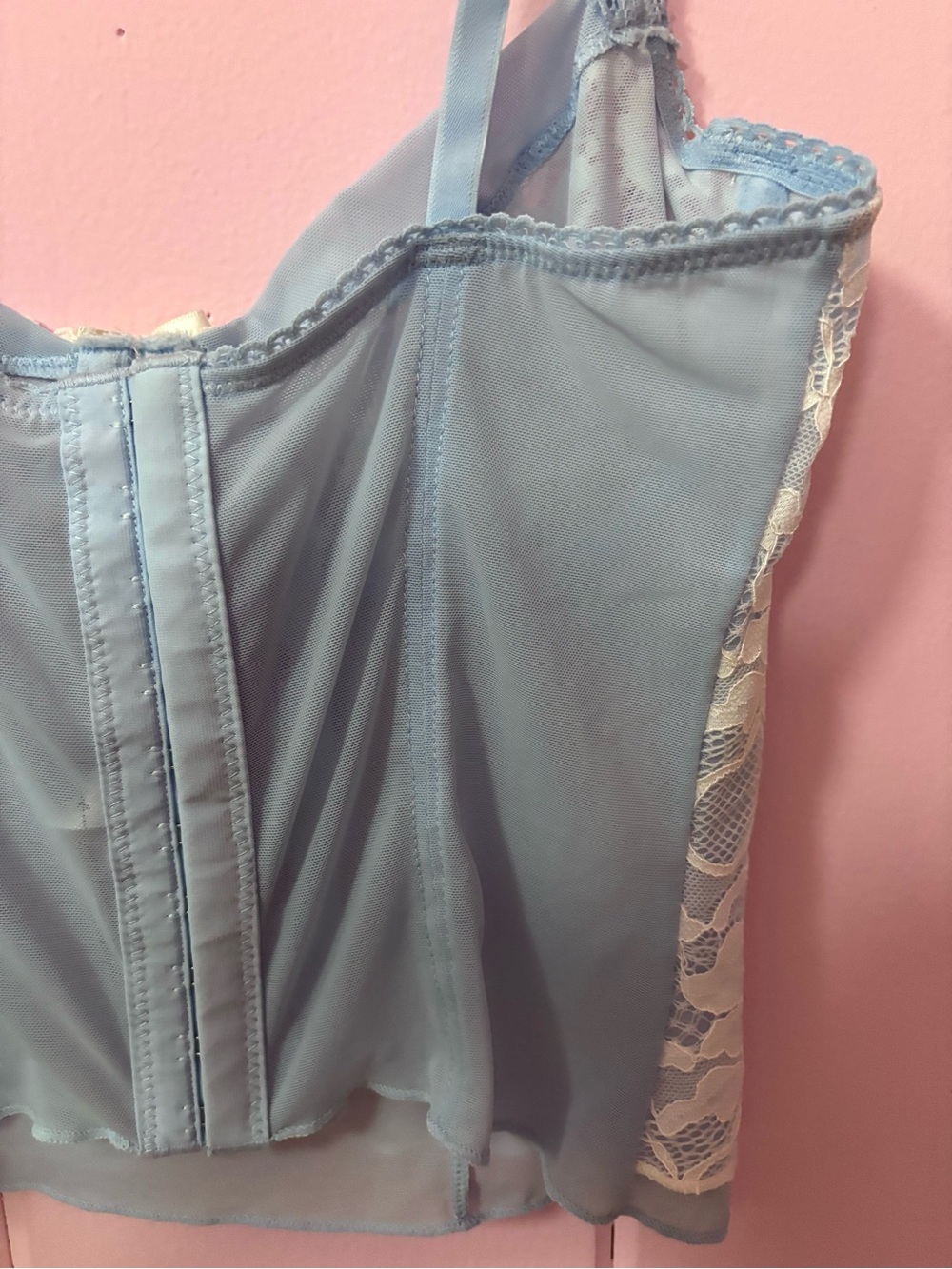 Pastel Blue & White Coquette Floral Lace Sheer Bow Corset Bustier Top - Medium - Picture 13 of 16